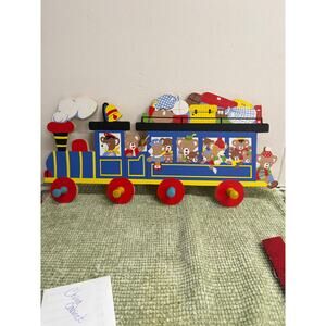 Vintage Wooden Bear Train Wall Rack Kids Coat Hooks Hand Painted Decor Germanyr